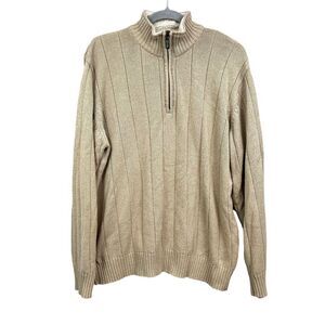 Oscar De La Renta Men's Sweater Tan Size L 1/4 Zip Faux Shearling Cotton Blend